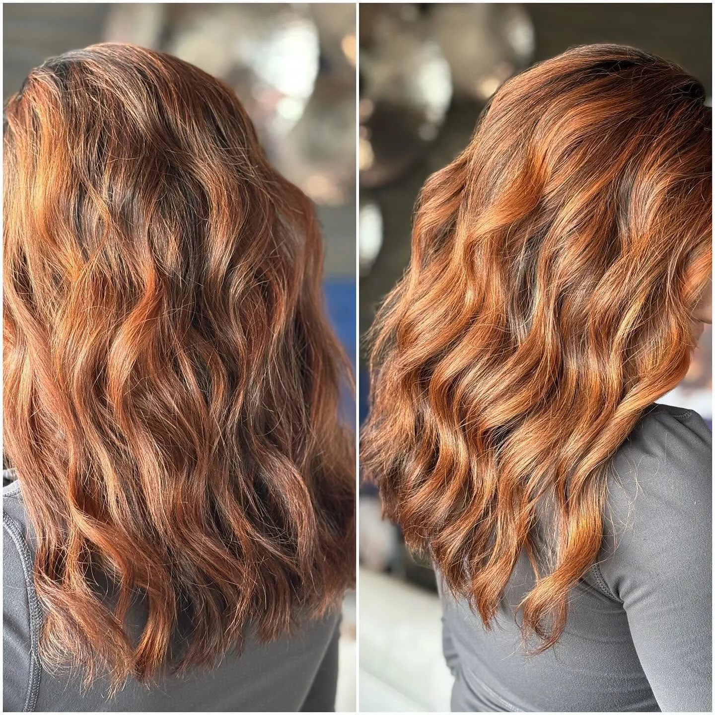 Reddish-brown hair before and after a copper dimensional color service, finished in waves