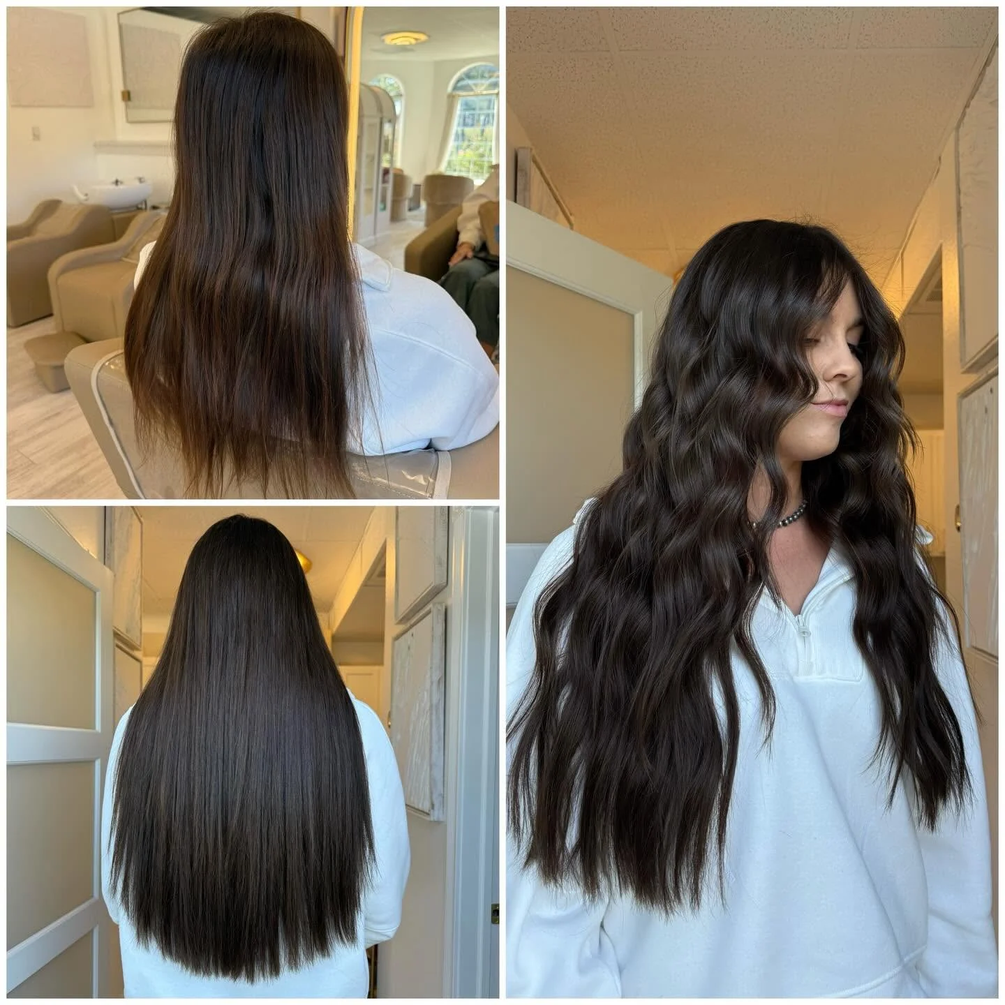 Long brunette hair before and after custom hand-tied extensions, styled in soft waves