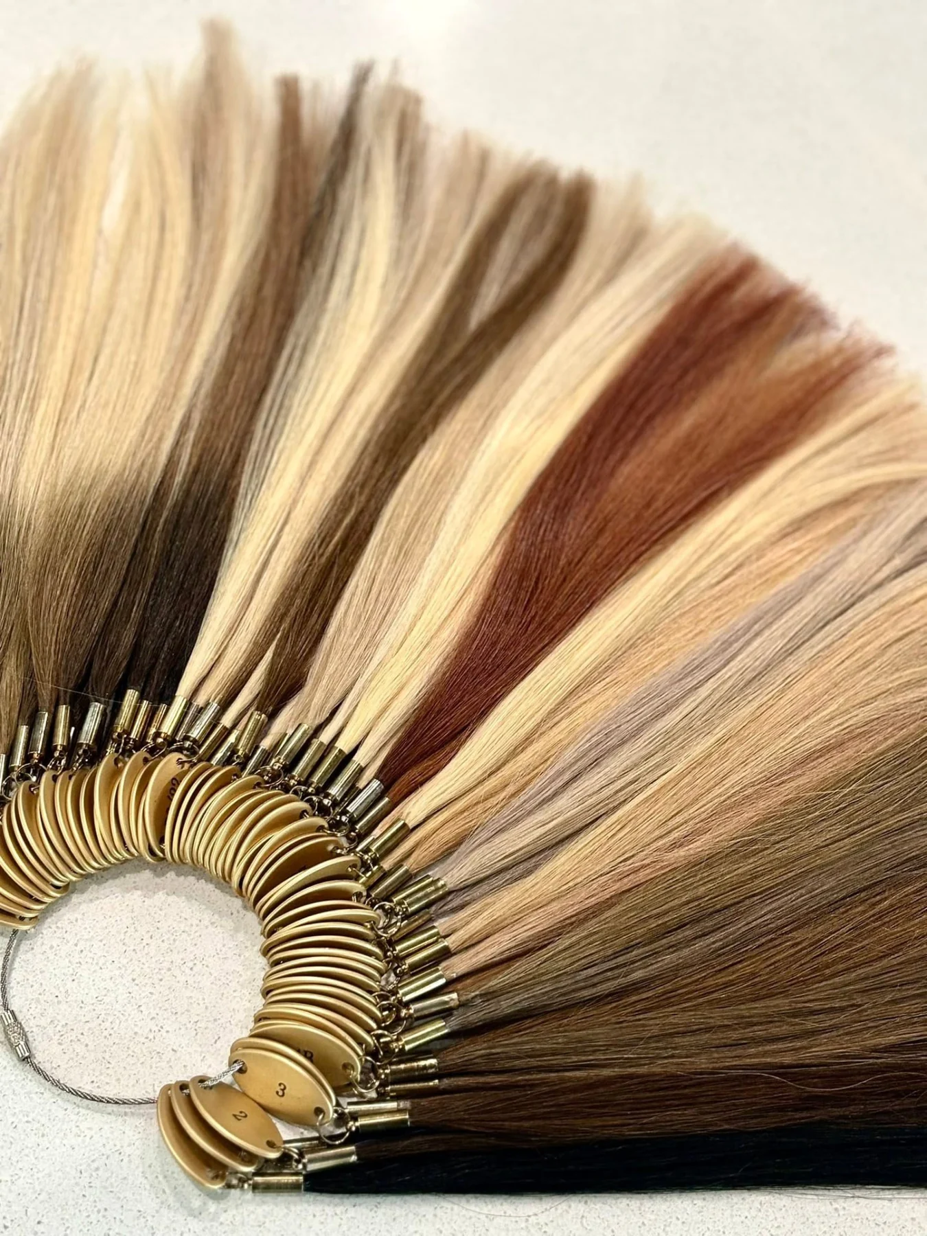 Fan of hair extension color-match samples ranging from black through brunette, copper and blonde